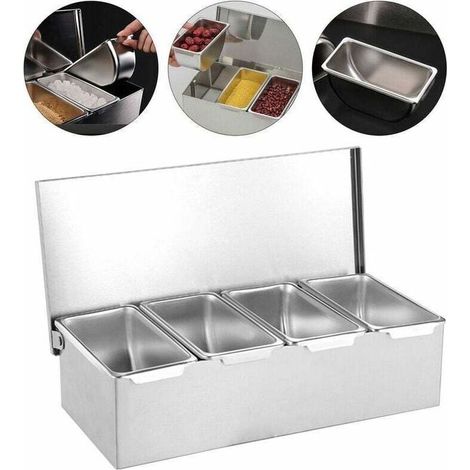 Food storage box with four compartments, made of stainless steel, ideal for storing side dishes, fruits and spices, silver color. (1/4)