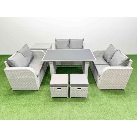 Fimous 8 Seater Patio Garden Furniture Sets with Black Glass Top Dining Table Love Sofa Side Table 2 Small Stool Light Grey (1/4)