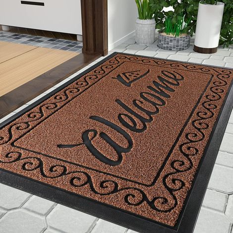 Paillasson extérieur, 92 x 61 cm, antidérapant, résistant aux intempéries, lavable, paillasson attrape-saleté pour porte d'entrée et entrée, bordeaux (1/5)