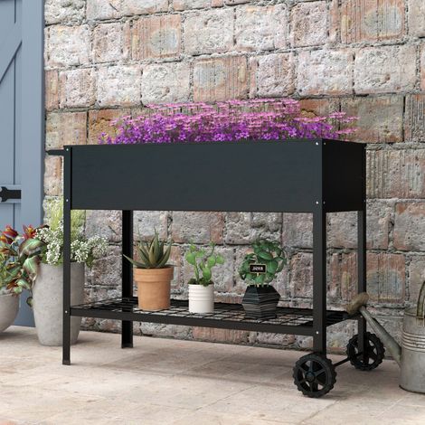 Aiuola rialzata Outsunny, 109L x 39W x 80H cm, con ripiano, 2 ruote + inserto per irrigazione, in metallo, nera