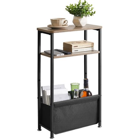 Table d’Appoint étroite 40 x 20 x 66 cm, Table de Chevet à 3 Niveaux avec Panier de Rangement en Tissu, Bout de Canapé pour Chambre à Coucher, Salon, Gris Clair (1/5)