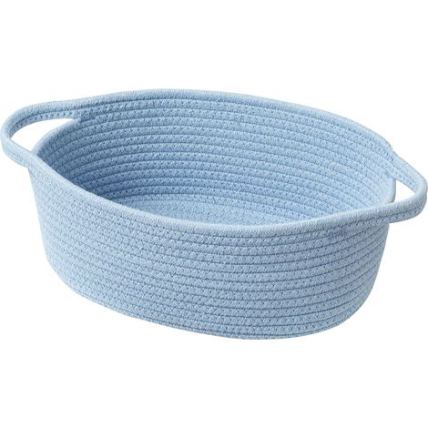 Cesta pequeña de cuerda de algodón tejida con asas, ideal para estantes, juguetes u organización, color azul. (1/4)