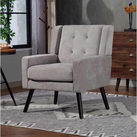 Fauteuil gris clair en tissu effet lin rembourré avec capitonnage et pieds en bois massif (1/5)