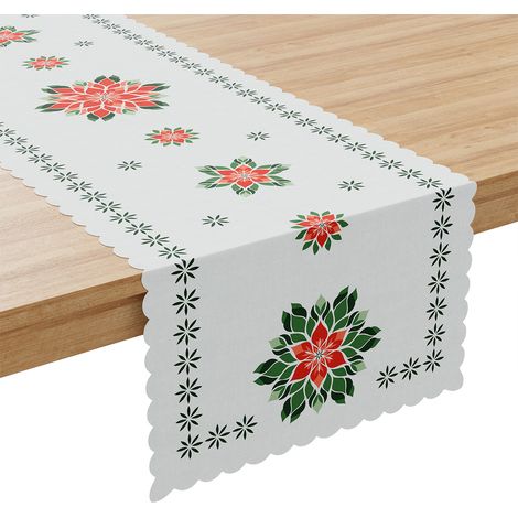 Camino de mesa folclórico impermeable, flor de Pascua, 38 x 140 cm, blanco (1/4)