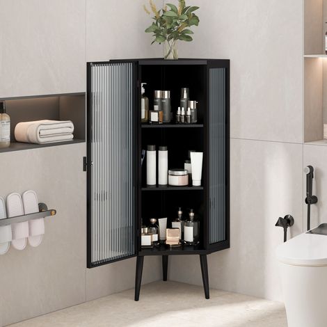 Mueble esquinero de 110 cm, tres niveles con puertas de vidrio templado y estantes para baño, sala de estar y dormitorio, color negro (mismo SKU: W2552P312996) (1/5)