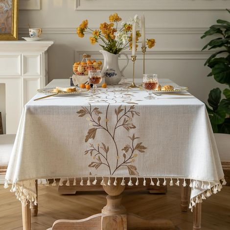 Nappe rectangulaire en coton et lin, imperméable et lavable, style campagnard, 140 x 178 cm (beige) (1/5)