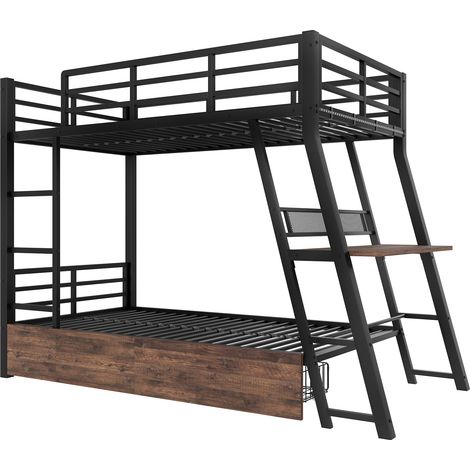 Cama alta 90 x 200 cm de metal negro con escritorio, cajones, LED y escalera (1/5)