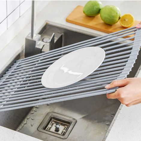 Égouttoir pliable enroulable en acier inoxydable avec revêtement en silicone pour égouttoir à vaisselle de cuisine (1/5)