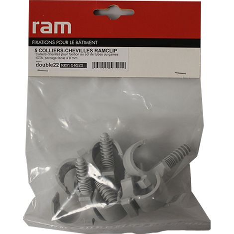 5 colliers cheville RAMCLIP double gris pour tube nu Ø22 et prégainé + prégainé duo Ø12 - RAM (1/2)