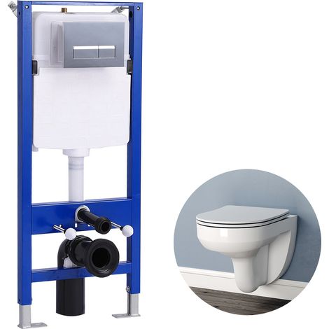Round Wall Hung Toilet Rimless 1.14M Concealed Cistern Frame Set WC pan UF Soft Close Seat white (1/5)