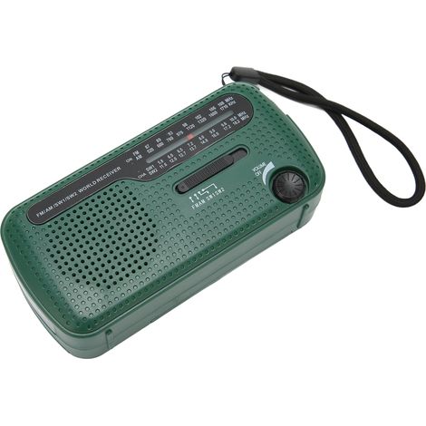 Radio manivelle certifié CE - lampe torche LED dynamo, multi-bandes AM/FM/SW1/SW2 solaire rechargeable, radio d'urgence portable pour extérieur - vert (batterie intégrée incluse, compartiment piles sa (1/5)