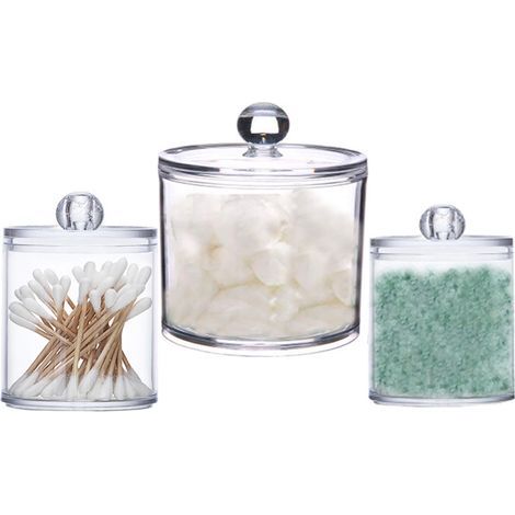 Lot de 3 pots transparents acryliques pour cotons-tiges, organiseur de salle de bain, récipient durable pour boules de coton (1/5)
