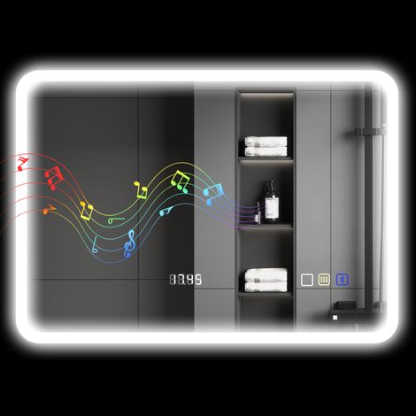Miroir salle bain LED 70x50 cm avec Bluetooth, 3 couleurs lumière, horloge numérique, anti-buée, mémoire