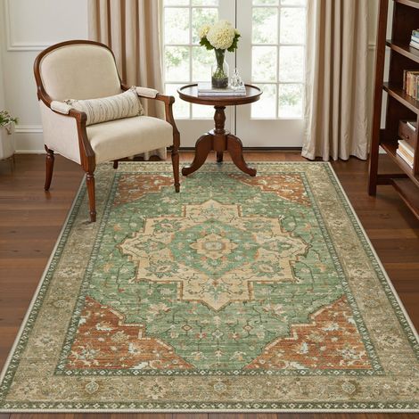Tapis Salon Vintage 120x170cm Lavable en Machine Rug AntidéRapant Poil Ras, pour Chambre Salle a Manger Descente de Lit Bureau, Cuisine, Vert Rougeâtre Rétro (1/5)