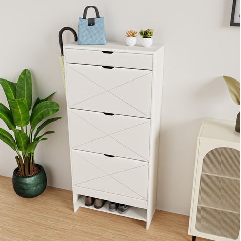 Schuhschrank mit 3 Klappen und oberer Schublade, 2 Ebenen, MDF weiß HAVRYA (1/5)