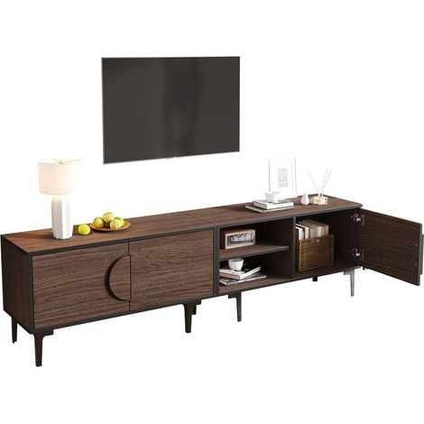 Meuble TV 180x40x50, rangement 3 portes, étagères ouvertes, Meuble TV avec rangement, finition noyer foncé, TV 80 pouces (1/5)