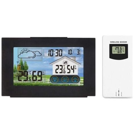 FENOPLASTICAStazione meteorologica wireless nera FOREHILL, orologio meteorologico digitale a colori con sensore esterno, termometro interno/esterno con data, temperatura, umidità, barometro, sveglia,  (1/3)