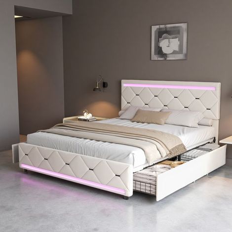 Letto 140x190 cm - 250402HXF - USB - LED - Lusso moderno e intelligente - Velluto - letto per adulti - struttura letto matrimoniale 140x190 cm - Beige