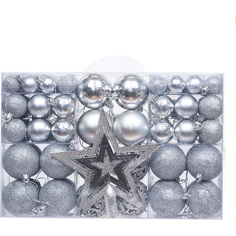 Paquet de 101 décorations de sapin de Noël en plastique robuste Décorations de Noël, intérieur, extérieur Argent
