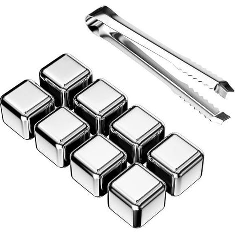 (Edelstahl) Gefrorene Eiswürfel aus Edelstahl, 8er-Set Whisky-Steine + Clip, lebensmittelechte Edelstahl-Eiswürfel (1/4)