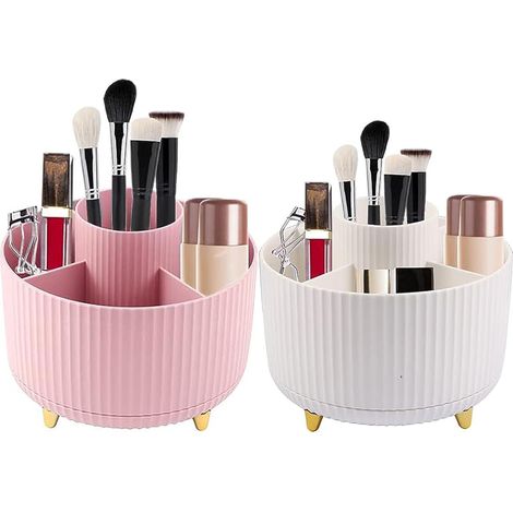 Juego de 2 organizadores giratorios de 360°, con 5 compartimentos cada uno, en color blanco y rosa, para la oficina o el maquillaje.