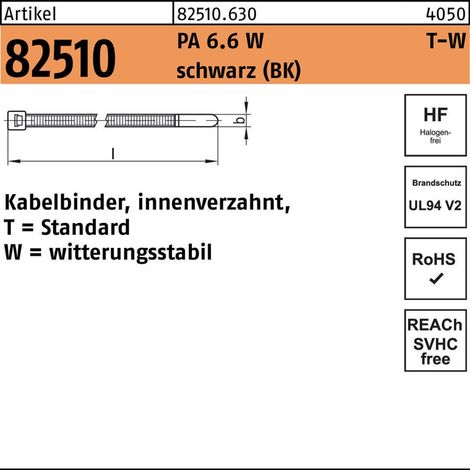 HELLERMANNTYTON Kabelbinder R 82510 innenverzahnt 4,7 x 300 / 85Polyamid 6.6 W schwarz witterungsstabil 100 Stück