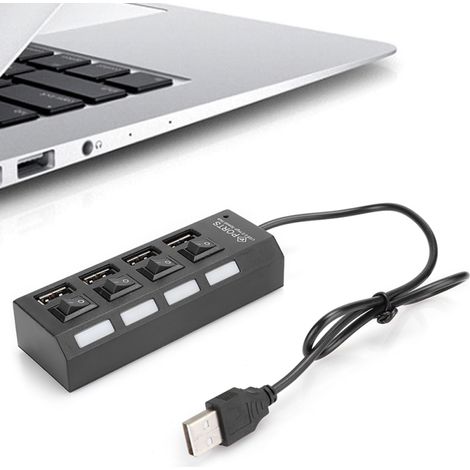 Concentrador USB 2.0 de 4 puertos, adaptador divisor USB de alta velocidad para ordenadores de sobremesa y portátiles, color negro. (1/5)