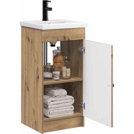 Meuble de Salle de Bain en Chêne Massif avec Vasque Intégrée, Style Moderne et Élégant, Grand Espace de Rangement, Idéal pour Salle d'Eau ou WC (1/5)