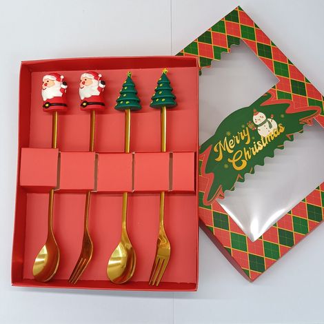 Coffret cadeau cuillère et fourchette en acier inoxydable avec motifs de Noël (ensemble de 4 pièces dans une boîte rouge aux couleurs de Noël) (1/4)