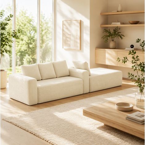 Canapé d’angle modulable convertible en velours côtelé beige, 2 modules avec méridienne réversible, assise profonde, sans montage, pour salon ou chambre – CHICFURN (1/5)