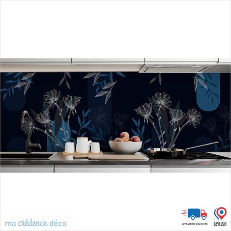 Crédence : Fleurs graphiques noir - Couleur Bleu clair - Alu composite - 60 - 120 (1/3)