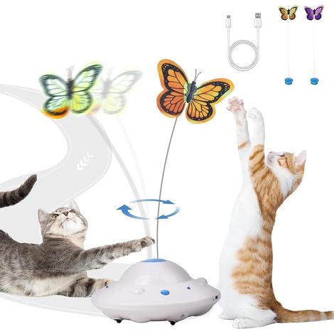 Jouet Électrique Intelligent pour Chat en Forme de UFO avec Lumière LED, Évite Les Obstacles, 3 Modes Réglables, Rechargeable USB, Inclut 2 Papillons de Remplacement (1/5)