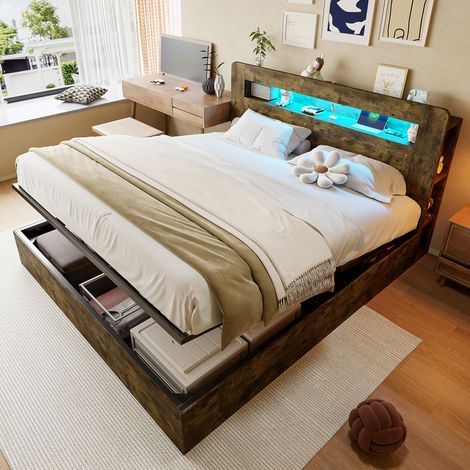 Lit coffre hydraulique en bois 180x200 cm avec éclairage LED et prises Lit double rembourré avec tête de lit rangement Couleur bois (1/5)