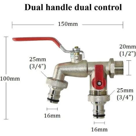 (Tube en cuir Pacise) Robinet d'arrosage avec robinet à double entrée et double sortie, raccord de dérivation d'eau, vanne d'arrêt. Clés pour robinet d'arrosage 1/2'' et 3/4''. (1/4)