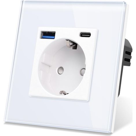 Prise Schuko en verre avec ports USB de type C et type A 3,1 A – Design contact de protection – Prise murale simple avec cadre en verre – Prise murale encastrée en blanc (1/5)