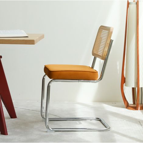 Sedia da pranzo in velluto, schienale in rattan intrecciato, struttura cromata, arancione (1/5)