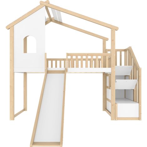 Kinder-Hochbett 90x200 cm mit Rutsche, Stauraumtreppe, weiß und natur (1/5)