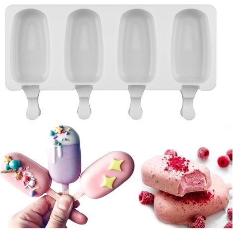 Eisform aus lebensmittelechtem Silikon mit 4 oder 8 Mulden – für selbstgemachte Eis am Stiel und Cake Pops – mit 50 Holzstielen (1/5)