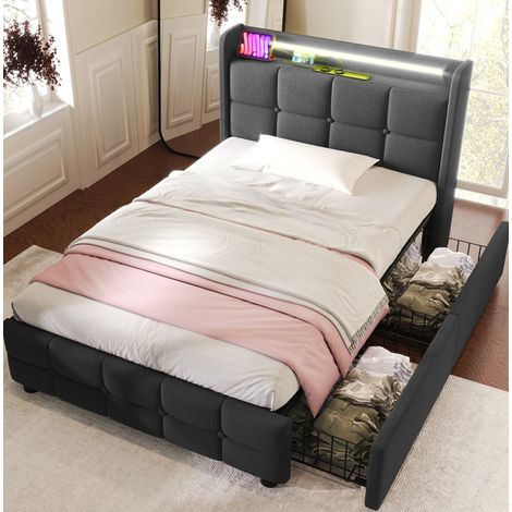 Letto imbottito in tessuto grigio 90x200 cm con LED, prese USB e 2 cassetti (1/5)