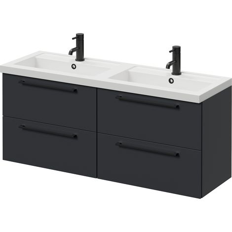 Napoli 390 Gloss Grey 1200mm Wall Mounted 4 Drawer Vanity Unit with Double Lucia Basins - 1200mm - Matt Black 320mm Handle