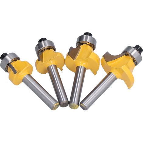 Lot de 4 fraises à bois 1/4" pour arrondir et affleurer, parfait pour menuiserie et bricolage. (1/5)