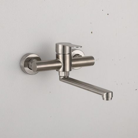 Grifo de cocina giratorio 360° para fregadero, de acero inoxidable, montaje en pared, mezclador de agua fría y caliente, longitud 30 cm (1/4)