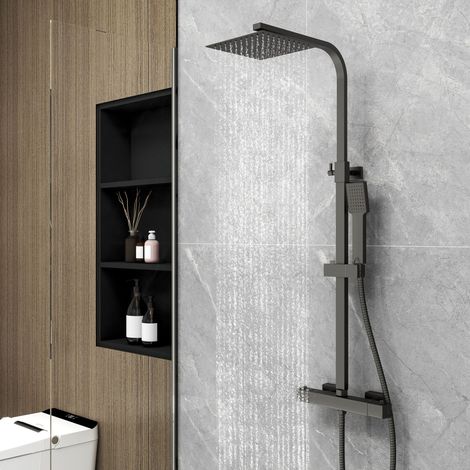 OCEAN Ensemble de douche colonne de douche thermostatique noir mat carré anti-brûlure douche réglable en hauteur (1/5)
