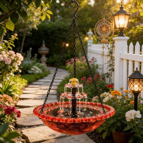 Abreuvoir suspendu pour oiseaux avec cascade de fontaine solaire, abreuvoir suspendu pour colibris avec pompe solaire, eau suspendue, attire les colibris et les oiseaux sauvages - Décoration de jardin (1/5)