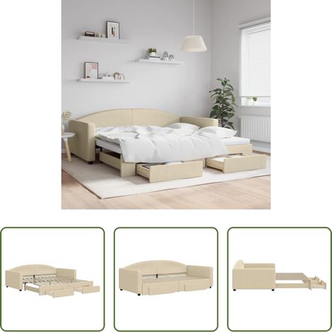 Schlafsofa - Tagesbett Ausziehbar mit Schubladen Creme 100x200 cm Stoff (1/5)