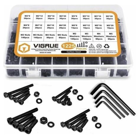VURAHOME - Kit 1225PCS M2 M3 M4 M5 en Acier au Carbone Bouton à tête hexagonale Socket Tête Câble Boulons Vis avec écrous Assortiment (Noir),de