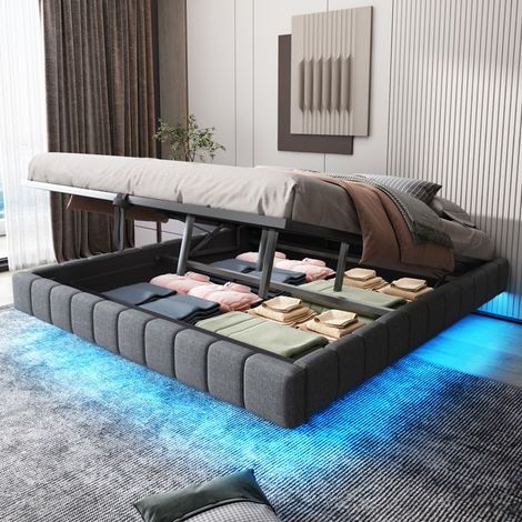 Lit coffre capitonné 180x200 gris lin - sommier suspendu hydraulique, LED, rangement, sans matelas