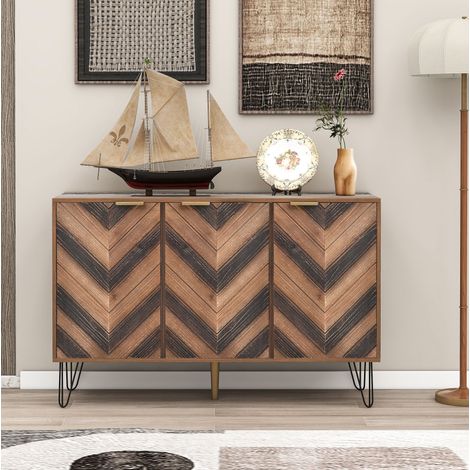 Buffet rangement 3 portes 120 cm bois naturel fer noir OKMYHOME (1/5)