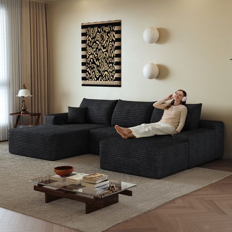 Canapé d'angle modulaire sans os de 270 cm avec méridienne en L, canapé modulaire moderne à assise profonde, livré monté, canapé compressible pour salon, chambre, appartement, noir (1/5)