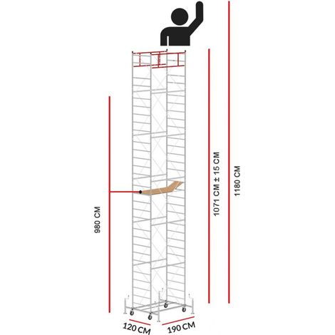 Scedil – Échafaudage M5 LUX – Hauteur de travail 11,80 m – Acier galvanisé électrolytique – Charge maximale 325 kg – Dimensions 190 x 120 cm